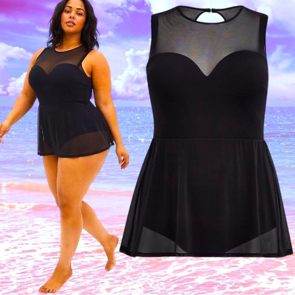 Torrid Black Underwire Short Mesh Overlay Swim Dress With Brief 3 (3XL) D/DD NWT - Picture 2 of 14